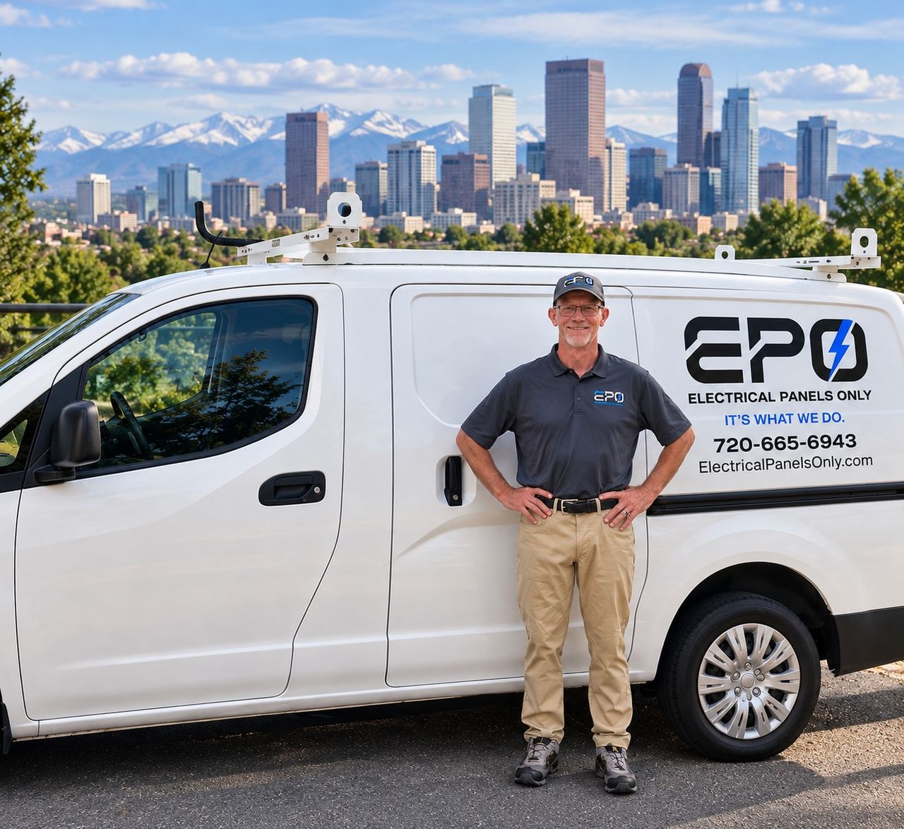 Burke, President and Master Electrician of Electrical Panels Only, beside the company service van in Denver